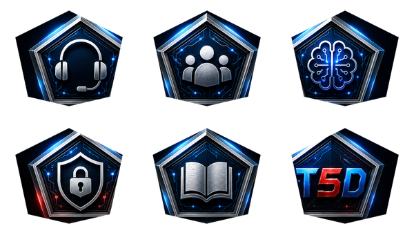 T5D icon family showing Support, Community, Intelligence, Security, Education, and T5D Core
